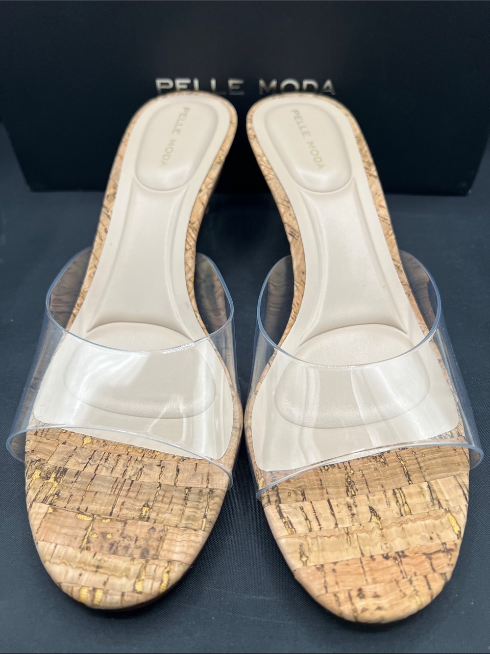 Pelle Moda Clear PVC Cork Kitten Heel Mules with Nude Insole - Picture 2 of 8